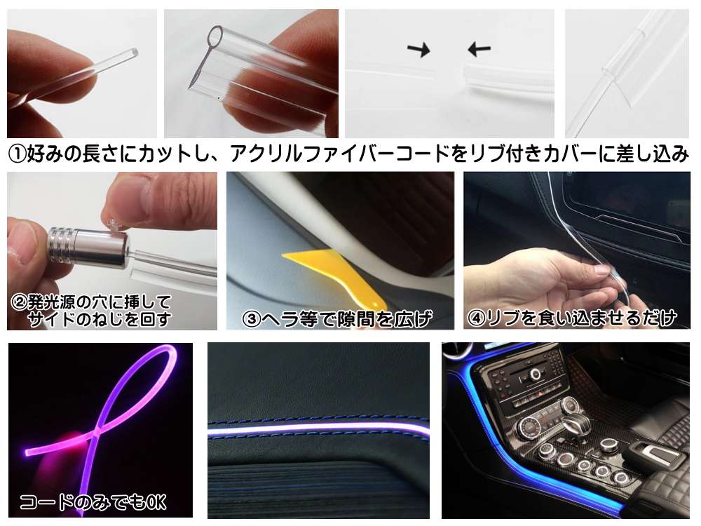 音に反応 RGBアンビエントライト キット リブ付き アクリルファイバーLED 6m 発光源5個セット ワイヤレスリモコン コントローラー付き