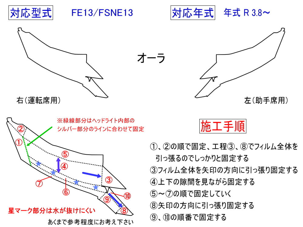 ヘッドライトプロテクションフィルム (オーラ FE13) 車種専用 カット済み 左右セット ヘッドライト保護 FE13 FSNE13 ニッサン