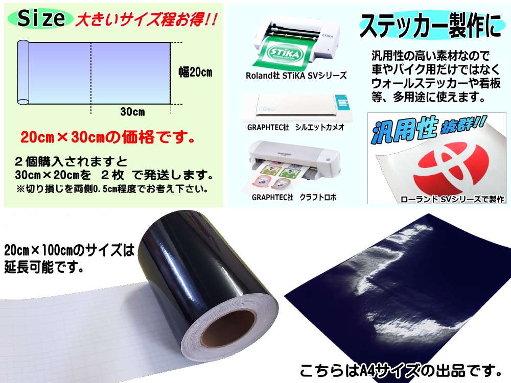 無地シート (A4) 黒 幅20cm×30cm A4サイズ ツヤ有ステッカー ブラック カッティング用シール STiKAステカsvシリーズ  クラフトロボ シルエットカメオ対応 防水 屋外 シンプルな無地 光沢 艶あり リメイクシート グロス 壁紙 糊付き つるつる デカール